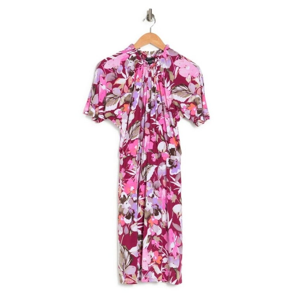 Maggy London Ruffle Neck Blouson Waist Dress Raspberry Fuchsia Pink size 0